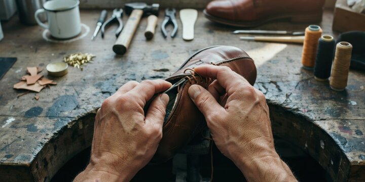 Shoemakers hands crafting a leather shoe on a rustic workbench with tools and materials