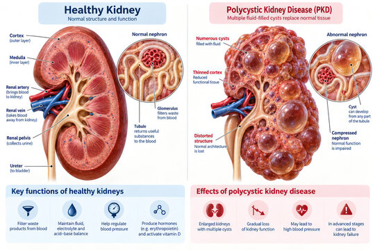 Healthy Kidney vs Polycystic Kidney Disease with Nephron Changes Medical Infographic
