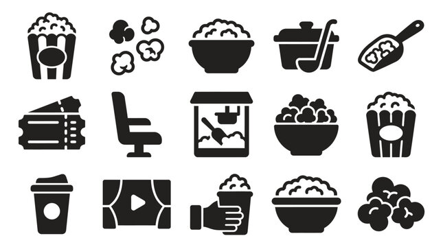 A collection of black and white icons representing cinema, movie watching, and popcorn consumption.