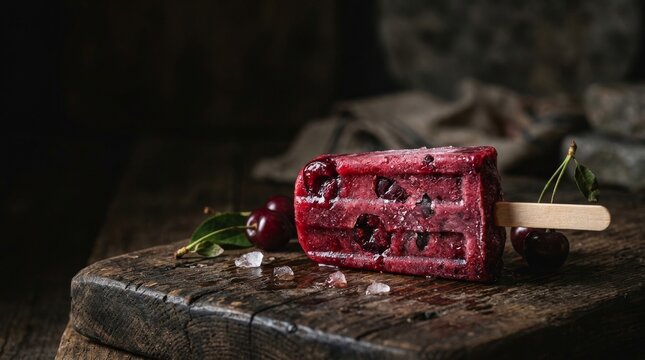 Rich Cherry Ice Cream Pop with Cherries and Ice on Rustic Wood