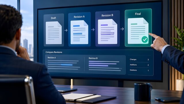 Businessmen reviewing digital document revision history on screen showing comparison from draft to final version