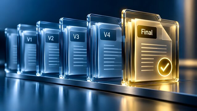 Glowing digital document versions in sequence culminating in final approved file representing version control
