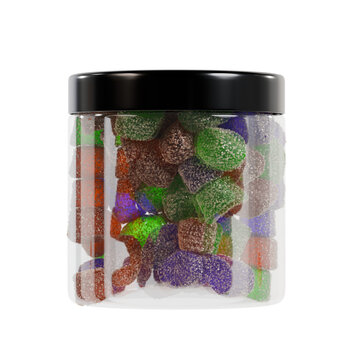 3d sugary gummy candy sweets in jar container, on neutral background