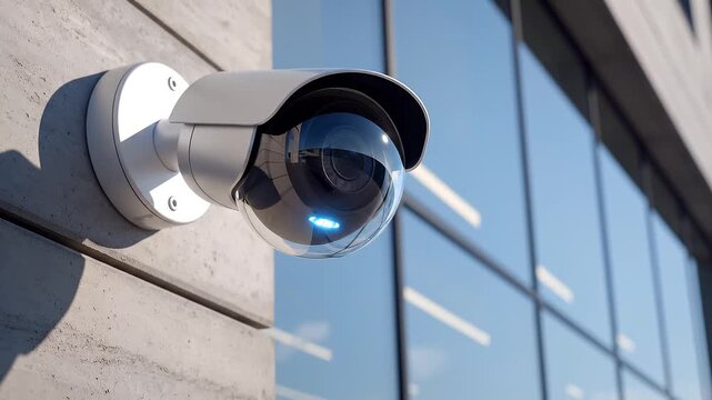 Close-up of a modern smart outdoor security camera mounted on a contemporary building exterior during daylight.