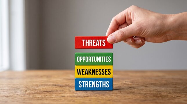 A hand places a red wooden block labeled THREATS atop a stack of blocks labeled OPPORTUNITIES, WEAKNESSES, and STRENGTHS on a wooden table, illustrating a SWOT analysis.