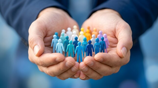 Hands cradling a group of colorful miniature people representing teamwork and community support