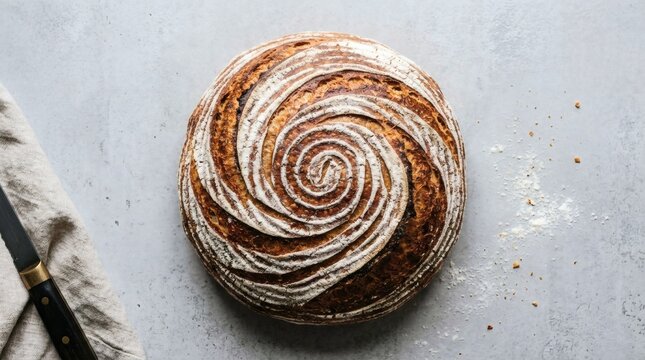 Freshly baked sourdough bread loaf with a beautiful spiral score pattern.