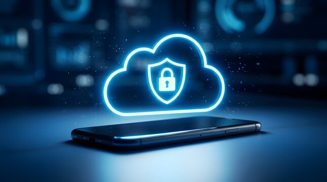 Mobile phone with glowing cloud and shield icon representing data security and protection