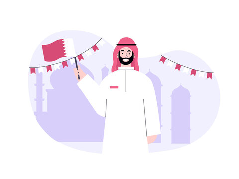 An Arab man holding a maroon flag that resembles the flag of Qatar. Doha illustrations. Flat vector concepts.