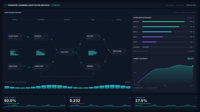 Dashboard with transfer learning adaptation metrics with real-time analytics graphs, for machine learning pipeline optimization, artificial intelligence data processing,