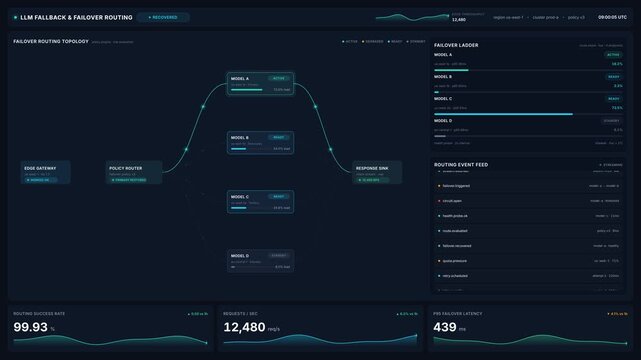 Dynamic llm routing topology dashboard with model failover ladder real time event feed, for artificial intelligence system performance monitoring, automated infrastructure