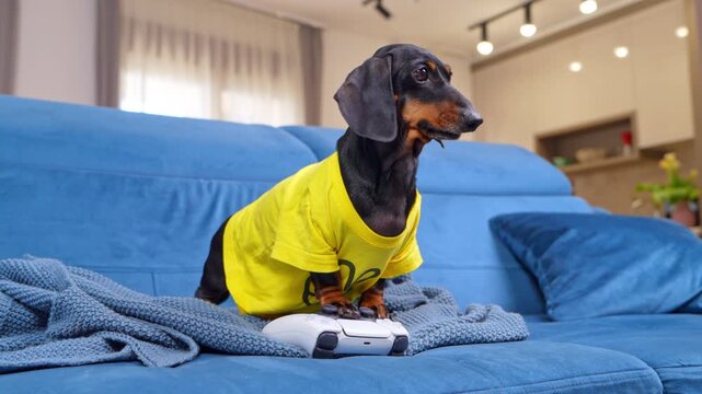 A black and tan dachshund dog in a yellow shirt stands over a white gaming controller on a knitted throw at home, a playful take on screen time obsession and digital habits.