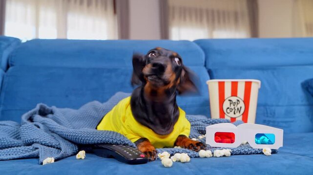 A black and tan dachshund dog in a yellow shirt lies under a knitted blanket beside a striped popcorn bucket, scattered kernels and anaglyph paper eyewear at home, a movie night concept.