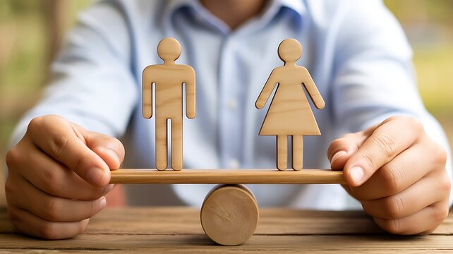 Gender Equality and Balance Concept with Wooden Male and Female Symbols on a Seesaw, Diversity, Equal Opportunity and Social Balance