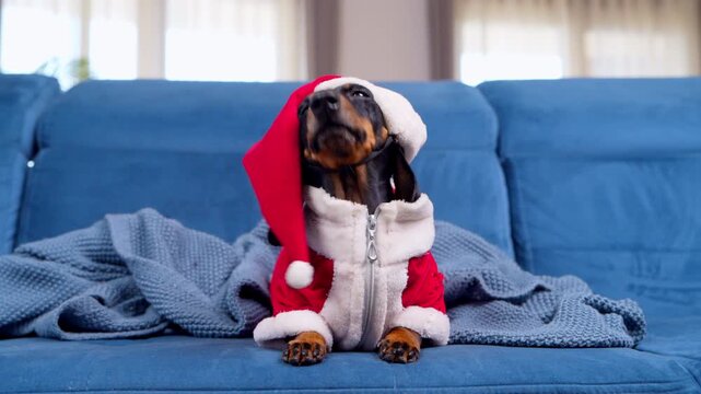 A black and tan dachshund dog wearing a red and white Santa costume with a pointed hat sits upright on a blue sofa among a soft knitted throw, a holiday gift and greeting card idea.