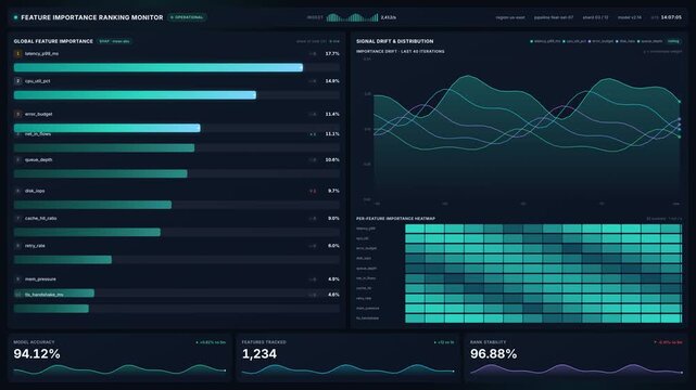 Feature importance ranking monitor interface with data charts metrics, for machine learning analytics, artificial intelligence performance, data science, system monitoring