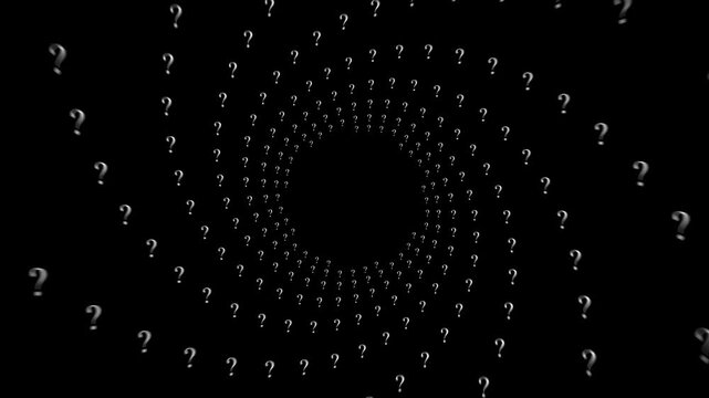 Spinning question marks forming spiral pattern on dark background in dynamic conceptual footage.