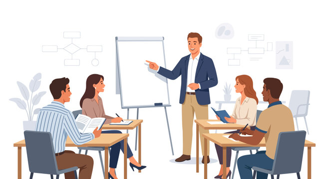 Diverse group of people attending a business training seminar with a presenter at a whiteboard.