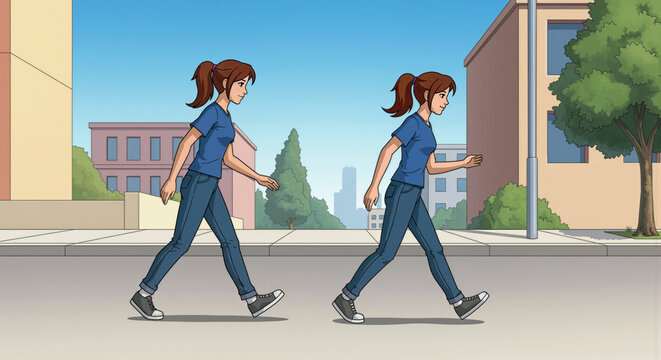 Animated woman character walking on city street sidewalk showing motion sequence frames