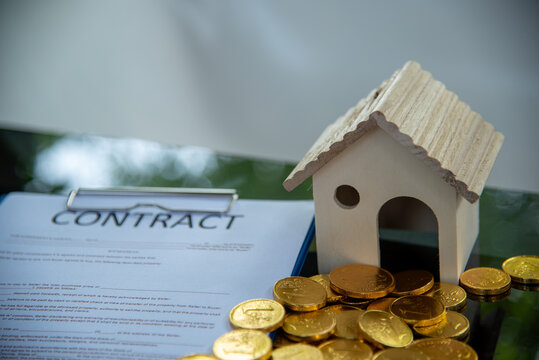 Home model house insurance coin stack financial real estate mortgage concept. Home objects owner house model agent service financial advisor. Home development planning investment accountant contract