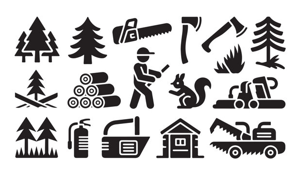 Lumberjack and forestry glyph icon set featuring trees axes and sawing equipment for professional design tasks.