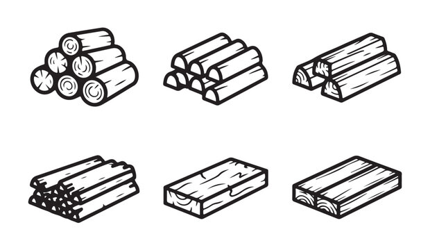 Natural lumber stacks and wooden planks line icons for woodworking material supply and forestry storage management.