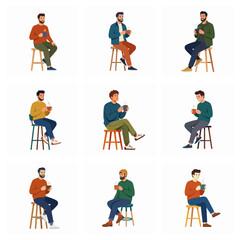 Fototapeta premium Men Sitting On High Stools Drinking Hot Coffee Vector Set