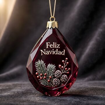 Red crystal christmas ornament with festive pine branch design and feliz navidad text for holiday decor Feliz Navidad lettering winter Christmas tree Mexican text fista greetings Postcard Illustration