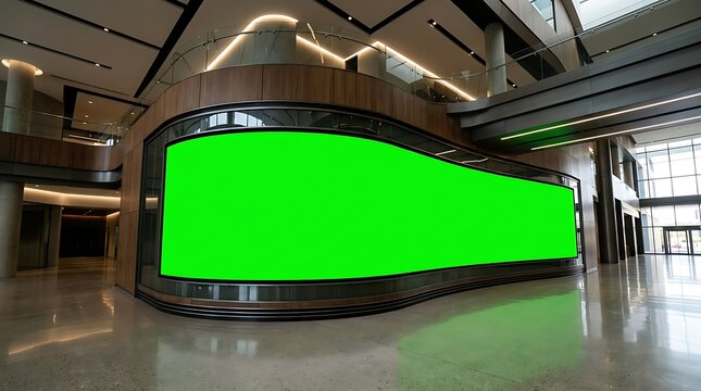Large curved digital billboard with a green screen display inside a modern commercial building lobby