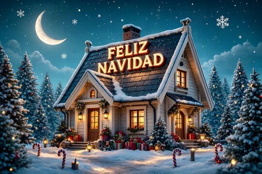 Festive spanish christmas house with feliz navidad sign illuminated for holiday decor Feliz Navidad lettering winter Christmas tree Mexican text fista greetings Postcard Illustration,