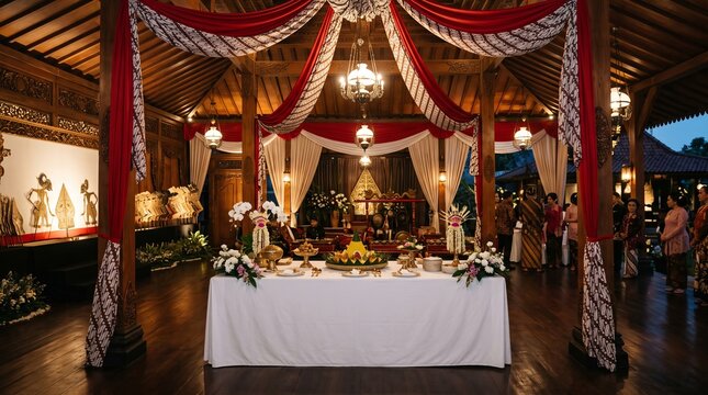 Elegant wedding banquet hall setup with red and white fabric drapes and buffet