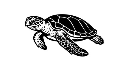 Fototapeta premium Black and white sea turtle linocut illustration.