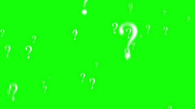 White question mark icons floating upward against vibrant green screen background motion graphic clip.