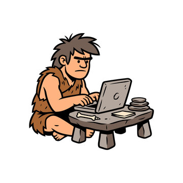 Caveman using a laptop computer at a stone desk in comic style
