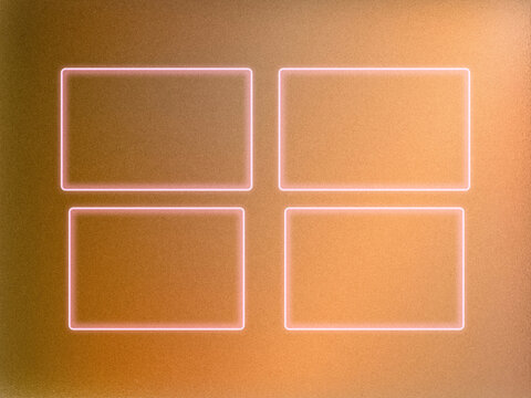 A 2x2 set of pink neon-outlined rectangular frames glows on a warm orange background, perfect for futuristic UI tiles and landing page layouts.