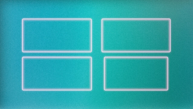 Four bright neon rectangles glow on a teal gradient wall, offering a crisp futuristic mood for UI mockups, signage layouts, and interactive dashboards.