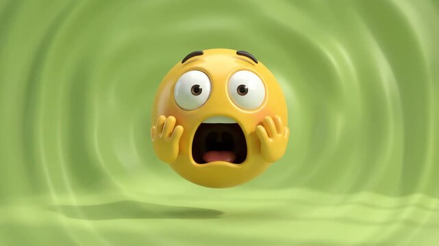 Shocked 3d emoji character reacting over a rippling green surface