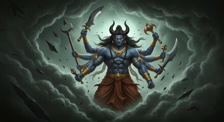 Fototapeta premium Multi-armed blue deity warrior holding traditional weapons surrounded by dark storm clouds and energy