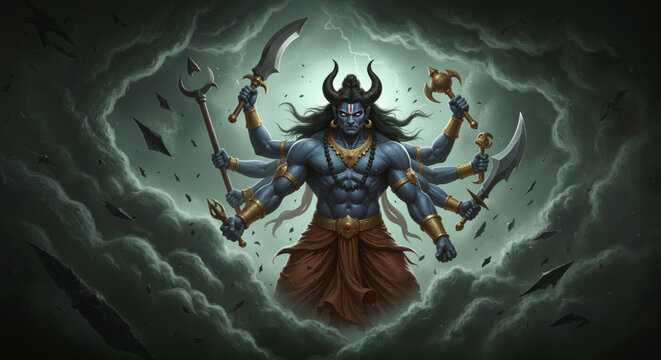 Multi-armed blue deity warrior holding traditional weapons surrounded by dark storm clouds and energy