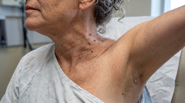 Multiple Skin Tags Acrochordons on Senior Woman Neck and Armpit