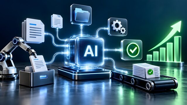 Robotic arm feeding paper documents into glowing artificial intelligence processor generating verified digital files and business growth