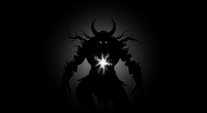 Horned shadow monster silhouette with glowing eyes and glowing chest core on black background