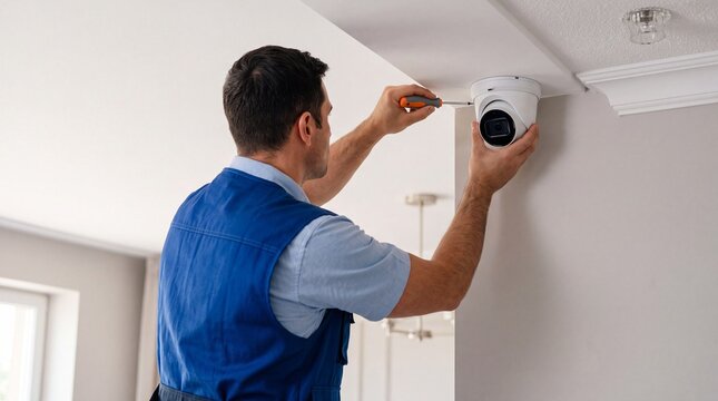 Male technician in a blue uniform installing a white CCTV surveillance camera on the ceiling with a screwdriver inside a modern home.