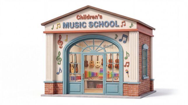 School building designed as a charming children music academy featuring colorful musical notes on its walls and instruments visible through a large arched glass entrance on a white background.