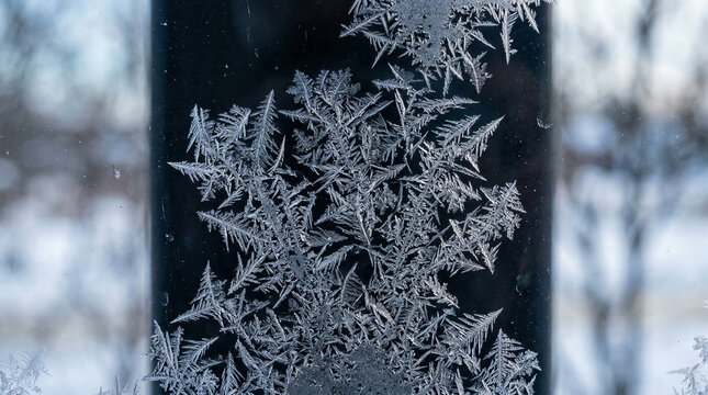 Intricate frost patterns form delicate fern-like ice crystals on a cold dark window pane.