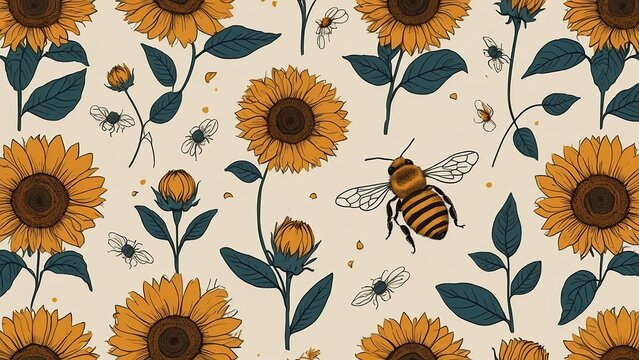 Pattern abstract bee and sunflower drawing background illustration 