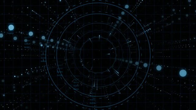 Abstract futuristic space background with glowing blue dots and concentric circles, depicting a celestial map or solar system interface
