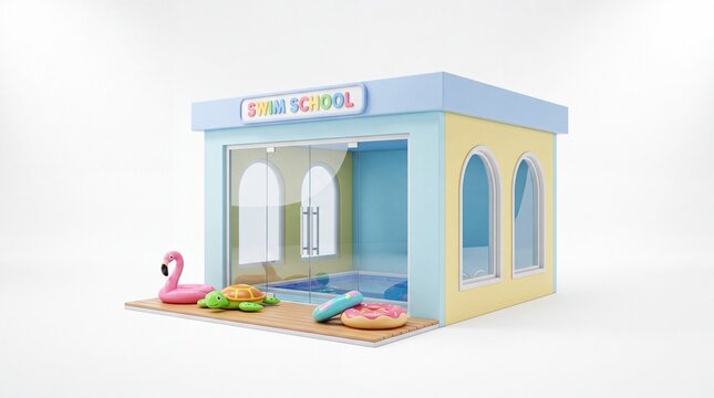 Swim school building featuring colorful pastel walls, arched windows, and inflatable pool toys.