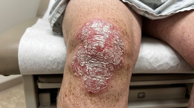 Close Up of Plaque Psoriasis Scab Scaling Condition on Patient Knee