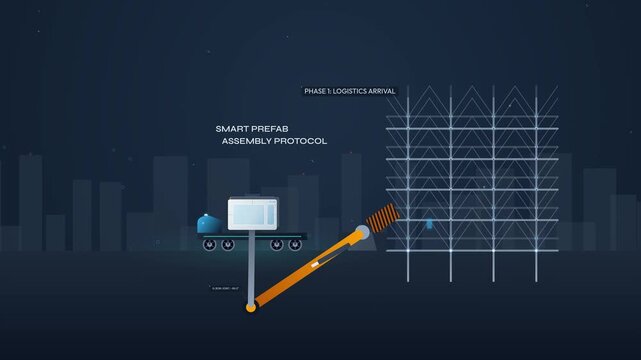 Automated construction smart prefab assembly protocol animation, robotic arm lifting modular building components, futuristic building framework interface with technical data and phases